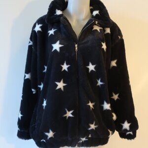 Womens Love & Luxury Black White Stars Faux Fur Bomber Jacket S *